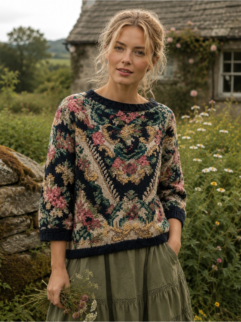 Floral Jacquard Crewneck Sweater - Black with Pink & Cream Accents